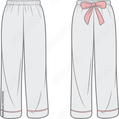 Cozy women pajama pants CAD drawing flat vector illustration with elastic waistband, bow tie detail, hem piping, sleepwear lounge sketch