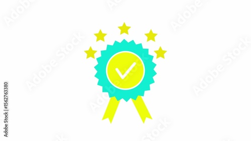 Awarded ribbon badge animation on white background, badge star with yellow ribbon animated, star badge check icon with alpha channel. 