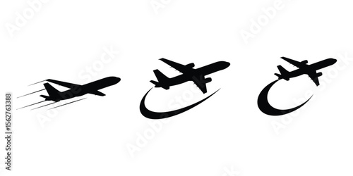 A minimalist set of three black airplane silhouettes on a white background