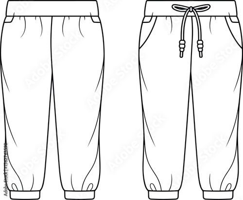 Jogger pants back front CAD drawing flat vector illustration with rib cuffs, drawstring, waistband, pockets, technical sketch for fashion template