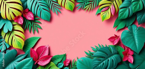 Intricate paper cut palm & monstera leaves frame, vibrant summer exotic design,  monstera,  greenery
