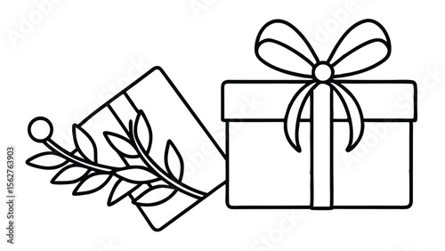 a gift box with a bow, a card, and a sprig of leaves in black and white outline
