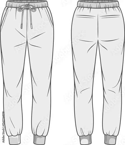 Jogger pants front back view technical CAD drawing flat vector illustration with drawstring waistband cuff pockets fashion design sketch template