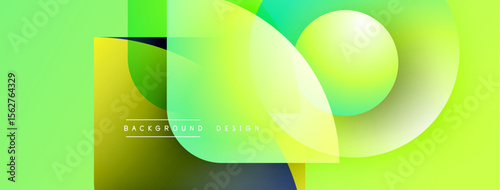 Abstract vibrant design features overlapping rounded squares, gradients. Light green dominates background, creating modern aesthetic. Text reads background design.
