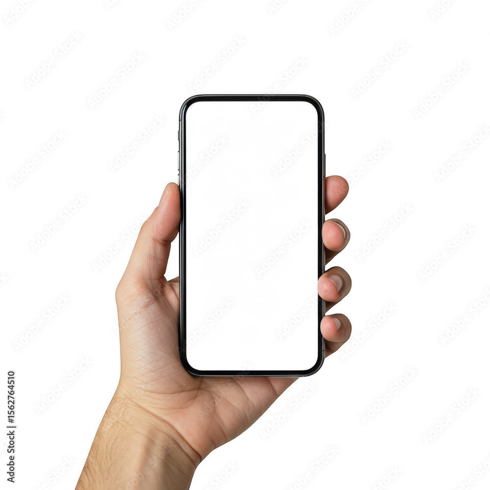 Hand holding a modern smartphone with a blank white screen isolated on transparent background