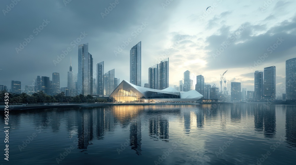 Obraz premium Modern Cityscape at Dawn: Architectural Marvel Reflected in Serene Waters
