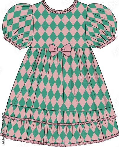 Pretty harlequin girls dress CAD drawing flat vector illustration with puff sleeves, cute bow, layered hem, pastel fashion technical sketch