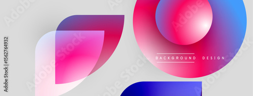 Abstract shapes overlap, creating vibrant gradients. Pink, blue hues dominate neutral gray backdrop. Modern design elements present clean aesthetic.