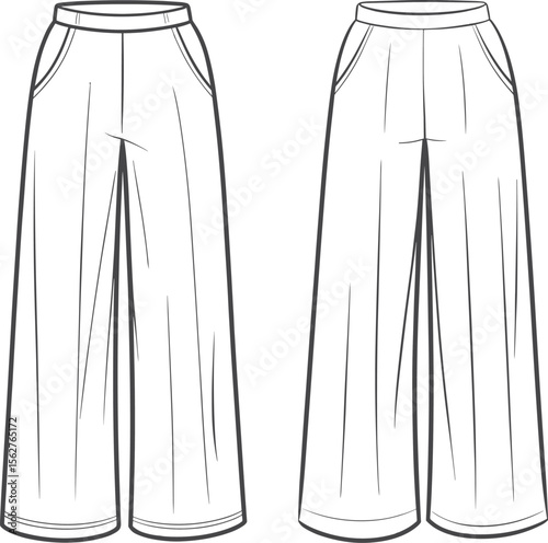 Wide leg stylish pants front back CAD drawing, flat vector fashion technical sketch, design template with pockets, loose comfortable fit