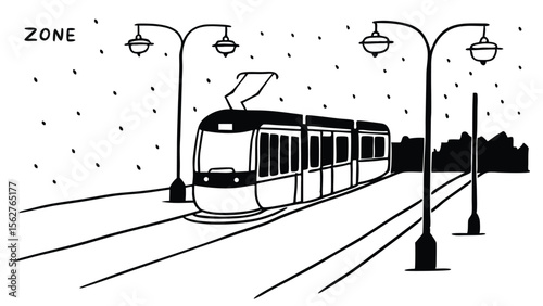 a tram on tracks with streetlights and buildings in the background during snowfall day
