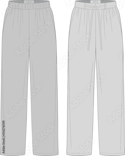 Women pajama pants CAD drawing flat vector illustration comfortable loose fit elastic waistband sleepwear fashion design technical sketch template
