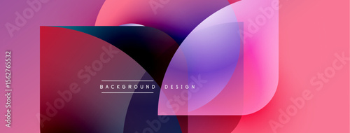 Abstract shapes overlap, creating vibrant pinks, purples, blues. Modern design elements suggest fluidity, depth, visual interest.