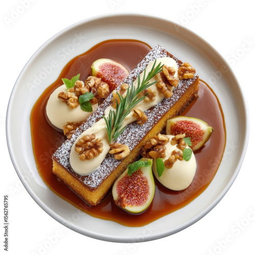 Elegant walnut financier cake dusted with powdered sugar and served with walnut praline cream and fresh figs