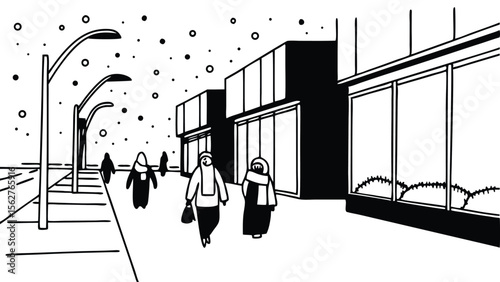 A monochrome people walking on a snowy street with buildings and streetlights