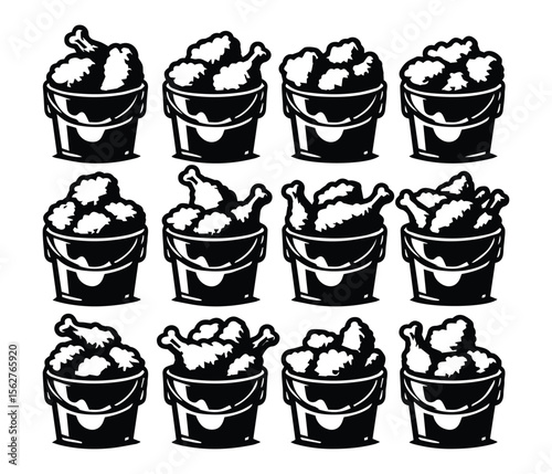 Fried Chicken Bucket Vector Icon Set – Crispy Drumstick Silhouette Illustration
