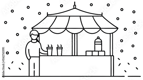A person standing at a market stall buying a hot drink on a snowy day with a canopy overhead stall
