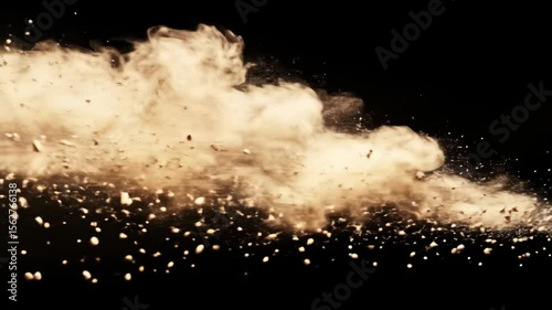 Dust explosion with particles isolated on black background.