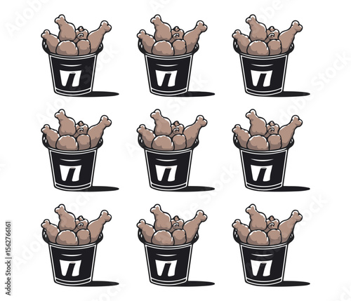 Fried Chicken Bucket Icon Set – Crispy Drumstick Vector Food Illustration