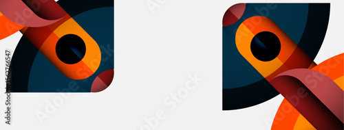 Abstract shapes, orange, teal, dark hues create dynamic composition. Minimalist design, modern aesthetic, geometric forms present visual interest.