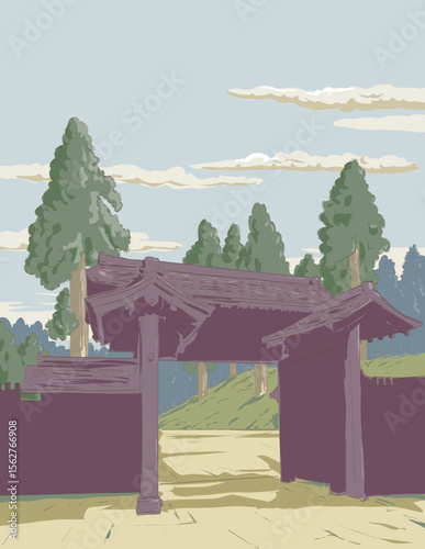 Ukiyo-e or ukiyo wpa style illustration of Hakone Sekisho Checkpoint Kyoto side gate or Edoguchi Gate within Fuji-Hakone-Izu National Park in Hakone, Kanagawa Prefecture Japan.