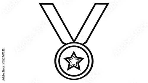 a star medal with a ribbon hanging down in black and white outline style design vector