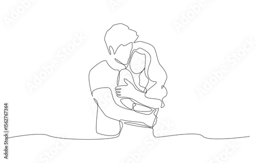 Continuous one line drawing of young man hugging his lover from behind, romantic couple concept, single line art