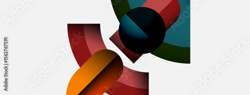 Abstract shapes overlap, creating dynamic composition. Colors include red, orange, green, dark blue, muted tones. Minimalist design.