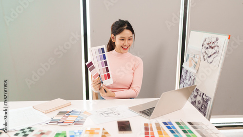 Asian Interior Designer Choosing Color Palette for Home Decor Project Asian Woman Design Studio Interior Design Young Female Color Swatches