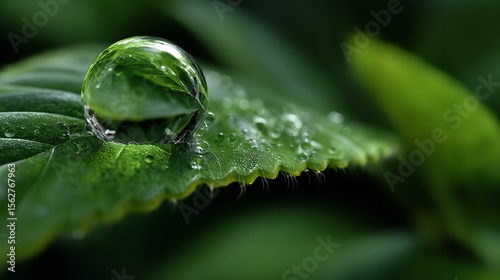 Dewdrop s Embrace A green leaf with water drop reflecting nature s beauty and serene moment of