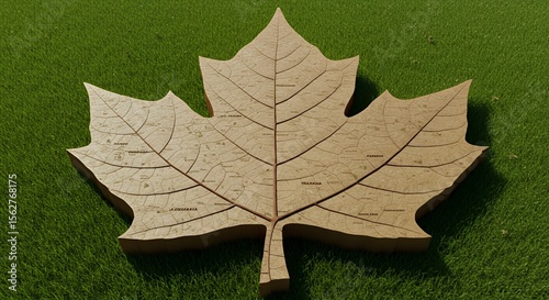 Intricate leaf map design rests on vibrant green grass, showcasing a detailed geographical layout.