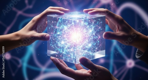 Hands holding a glowing cube with network connections in a futuristic environment design concept
