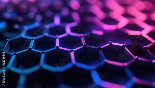 Abstract hexagonal lattice structure, illuminated in vibrant pink and blue tones. Close-up view of interconnected hexagonal shapes, creating a complex, intricate pattern