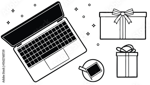 Overhead view of laptop with gifts and coffee cup on a desk with sparkles and dots decoration around it