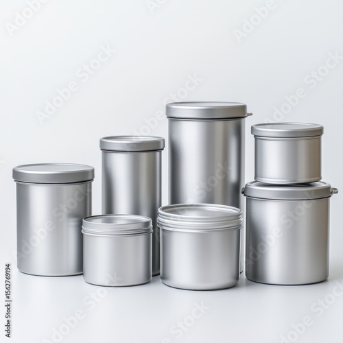 Wallpaper Mural Various Sizes of Silver Metal Storage Containers on a White Background Torontodigital.ca