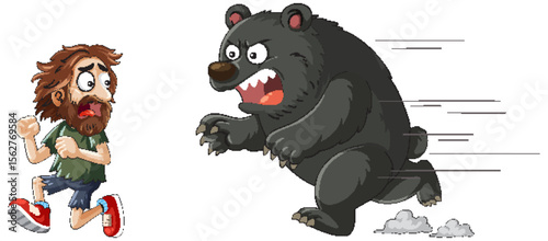 Cartoon Man Running from Angry Bear