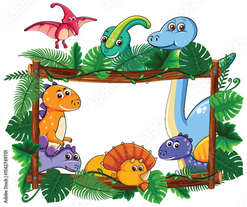 Colorful Dinosaur Frame with Tropical Leaves