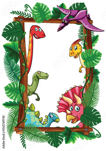 Colorful Dinosaur Frame with Jungle Leaves