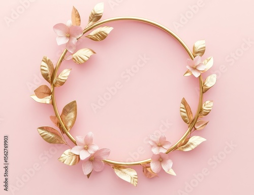 Gold hoop frame,  pink flowers, and gold leaves,  flat lay