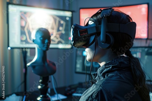 A VR artist in an advanced studio with an AI assistant as a digital sculpting tool providing 3D modeling suggestions. VR equipment in background. AIG60