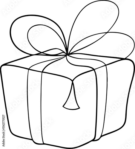 Continuous contour drawing of a wrapped gift box with white background
