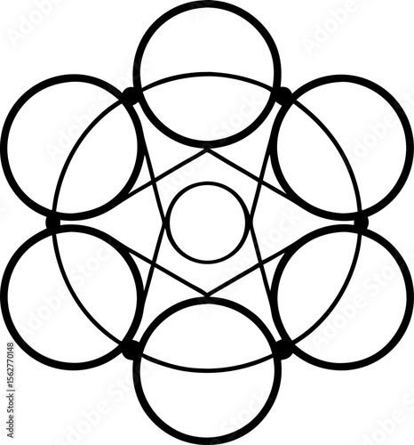 Geometric line drawing of interconnected circles (network/partnership) with white background.