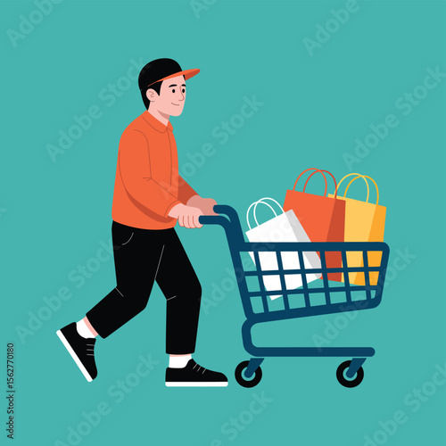 A minimalist flat design illustration of a delivery person pushing a shopping cart against a solid turquoise background