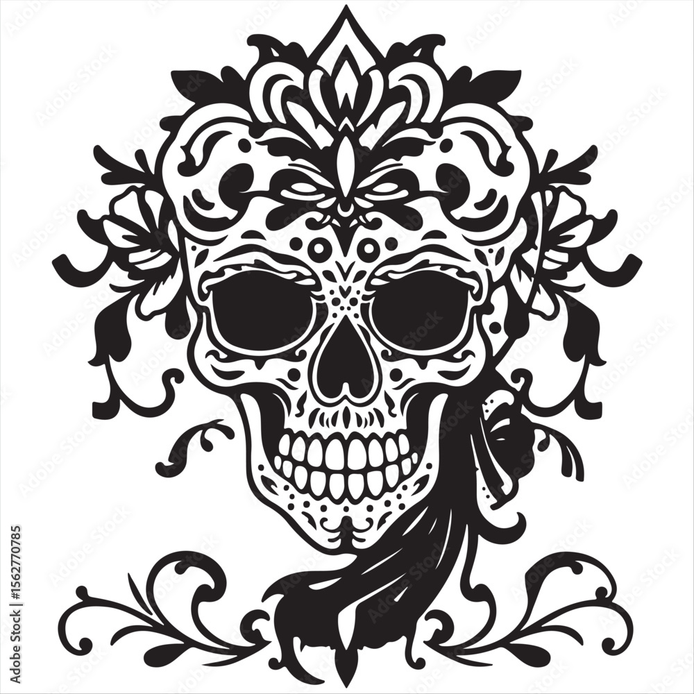 Fototapeta premium Complex ornamental Dia de Muertos vector silhouette in a traditional tattoo art print style. The classic black and white design is presented on a white background