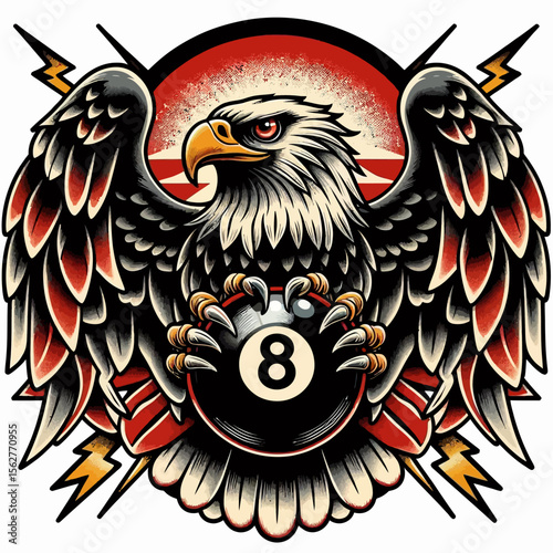 Tattoo Style Eagle Holding 8 Ball Vector Illustration