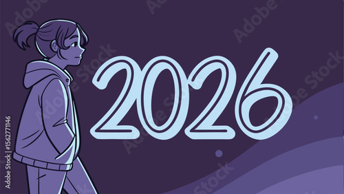 a girl looking towards the year twenty twenty six on a gradient purple background