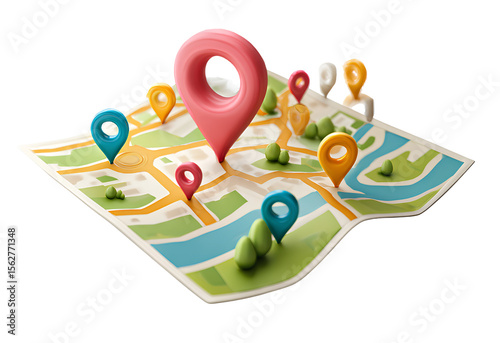 3D cartoon map with location pins icon on a transparent background