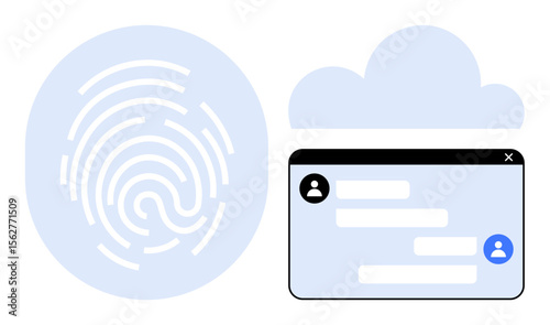 Fingerprint with cloud icon and chat window emphasize cybersecurity, user authentication, and data exchange. Ideal for digital security, tech, identity, privacy, messaging, networking and simple