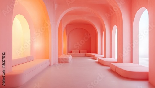 Pastel pink arched hallway with seating