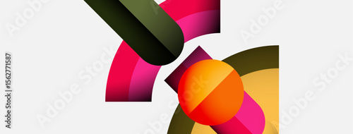 Abstract shapes overlap, creating vibrant color gradients. Pink, orange, green hues dominate white background. Modern design elements present.