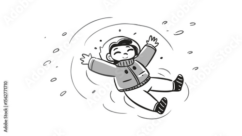 a child making a snow angel in winter with arms and legs spread out on the ground